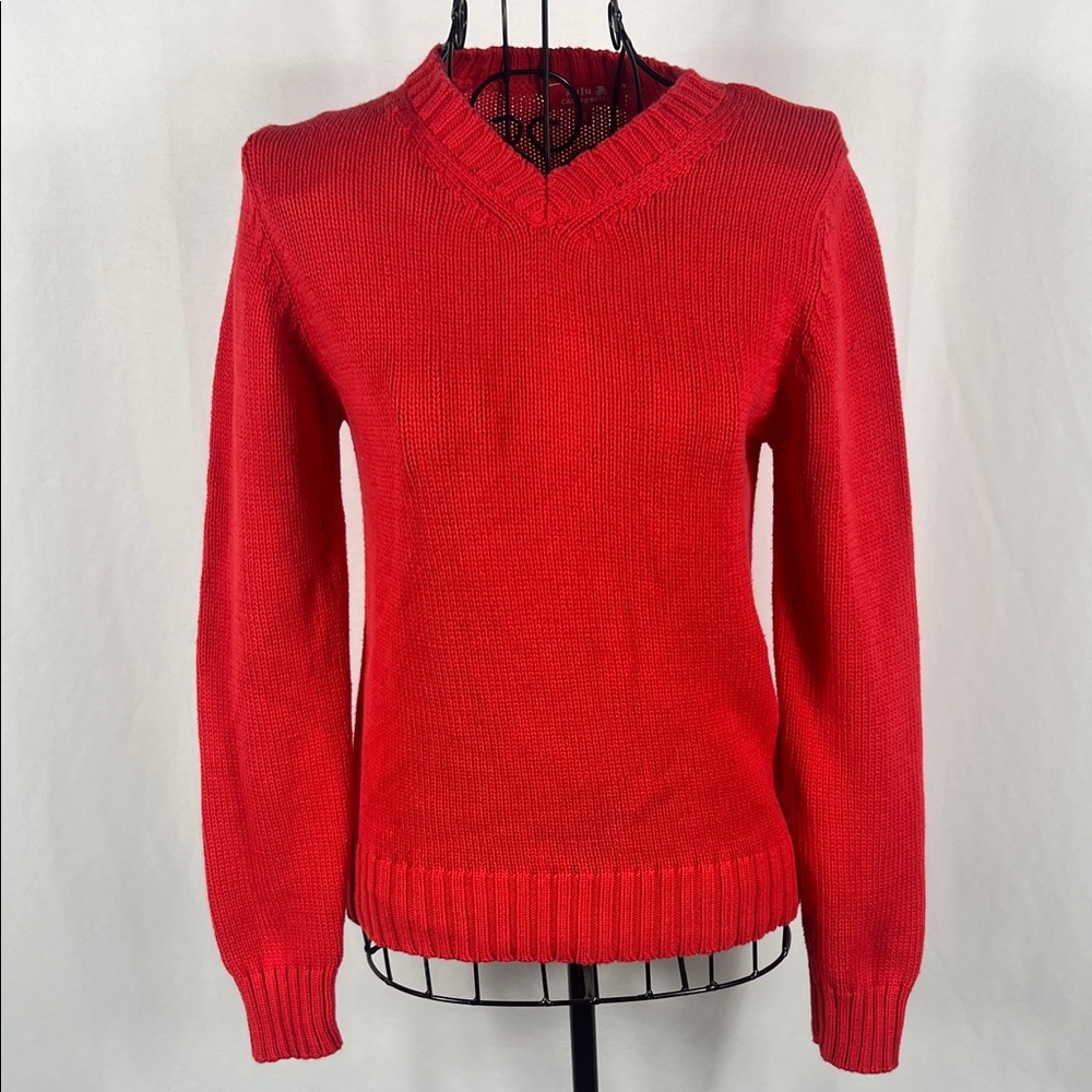 VINTAGE 90’s‎ LULU Castagnette Red/ Orange V-Neck Sweater Women’s Small Cotton